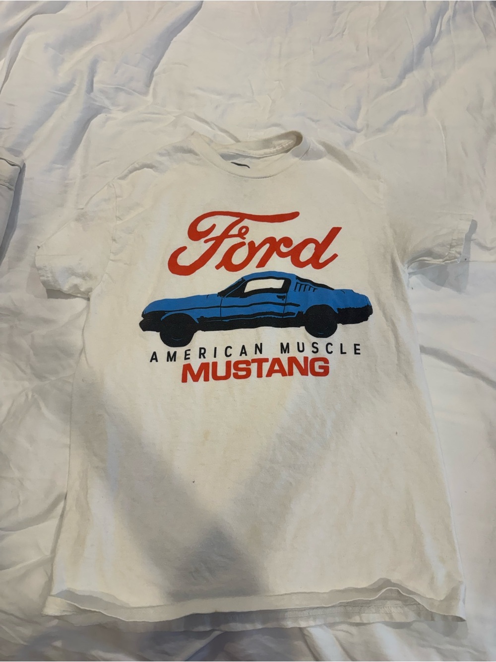 Ford White Tee with Blue Mustang and Red Logo